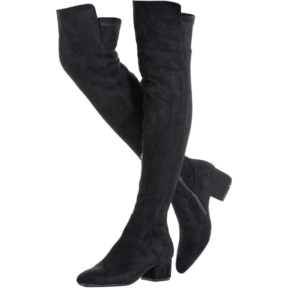 Women's Black High Thigh Low Block Heel Stylish Boots - Picture 1 of 6